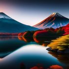 Snowy peaks reflected in serene lake with vibrant mountains, yellow flowers, and tranquil dusk sky.