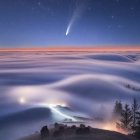 Crescent moon and stars over twilight clouds with lava flowing into the sea