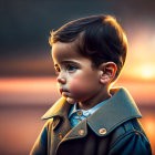 Young boy portrait with dark hair in profile against warm sunset, stylish coat with buttons