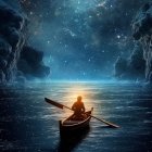 Person in boat under moonlit sky on tranquil sea