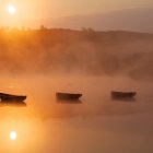 Sailboats on calm waters at golden sunset