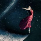 Digital artwork: Woman with flowing hair in cosmic scene with Earth, crescent moon, and starry