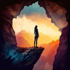 Person in cave opening views colorful sunset over crashing waves