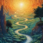 Colorful sunset painting with orange skies, stone path, and purple flora