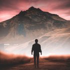 Person in suit gazes at snow-capped mountain under colorful sky