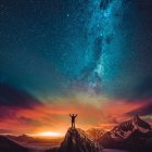 Person sitting on mountain peak under starry sky with Milky Way galaxy and sea of clouds.