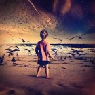 Girl on Beach at Sunset with Seagulls, Waves, and Clouds