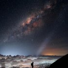 Person on rocky outcrop gazes at illuminated castle on cliff at night