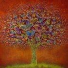 Colorful Butterfly Tree Illustration Under Gradient Sky