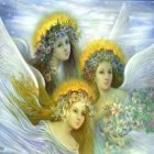 Serene angelic figures with floral crowns and colorful wings