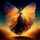 Vibrant woman with butterfly wings on warm background