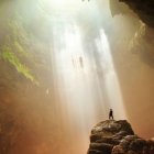 Solitary figure on rocky outcrop in misty forest canyon