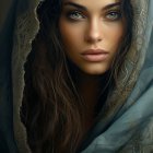 Digital painting of woman with long wavy hair in teal shawl with golden patterns