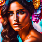 Colorful digital portrait of woman with floral hair adornments and dramatic lighting