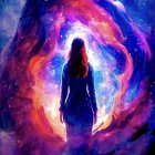 Silhouette of person against vibrant cosmic swirl and star-filled galaxy