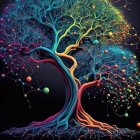 Colorful Painting of Whimsical Tree with Twisted Trunk and Luminescent Fruits