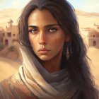 Digital artwork: Woman with curly hair and golden earrings, gazing in desert landscape