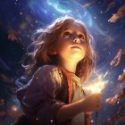 Colorful digital painting: Young girl with luminescent butterflies in dreamy setting