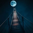 Surreal night scene: long pier, calm sea, oversized moon, clouds, small light.