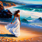 Woman in white dress walking on vibrant shoreline with crashing waves and rocky cliffs against blue sky.