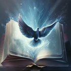 Colorful bird with wings outstretched emerging from open book against starry backdrop