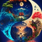 Vibrant yin-yang artwork with contrasting landscapes: starry night vs. fiery sunset