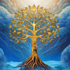 Giant tree with golden leaves under a sunburst sky and lone figure - surreal and mystical scene