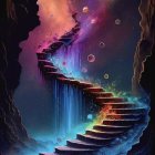 Colorful digital artwork: Cosmic staircase with surreal wave structures