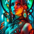 Digital artwork featuring woman with glowing skin and golden floral accessories against teal backdrop