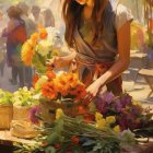 Colorful painting of woman with flowers in flowing hair and bouquet on vibrant background