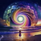 Woman on beach gazes at surreal wave-like portal to vibrant, colorful sky.