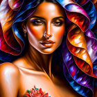 Colorful digital portrait of a woman with flowing hair and red flower