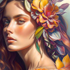 Vivid digital portrait of a woman with floral hair, dreamy colors