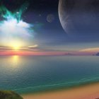 Surreal sunset over ocean with starry sky and massive planet