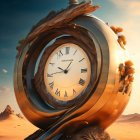 Surrealist desert landscape with snail shell staircase and clock face