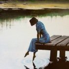 Woman in Blue Dress Sitting on Wooden Dock by Calm Water