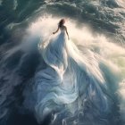 Woman in white gown seated on rock by serene ocean scene.