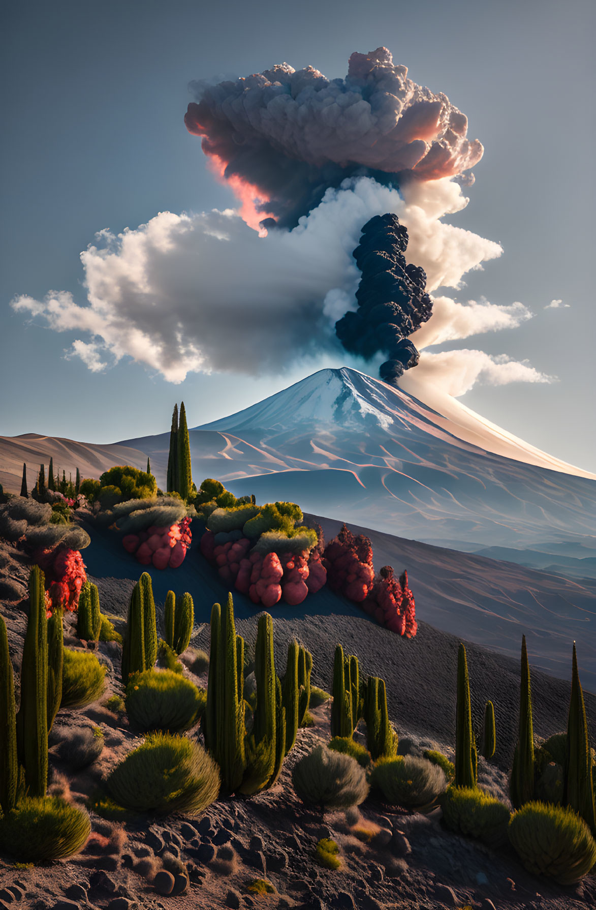 Volcano erupting with dark smoke over desert landscape