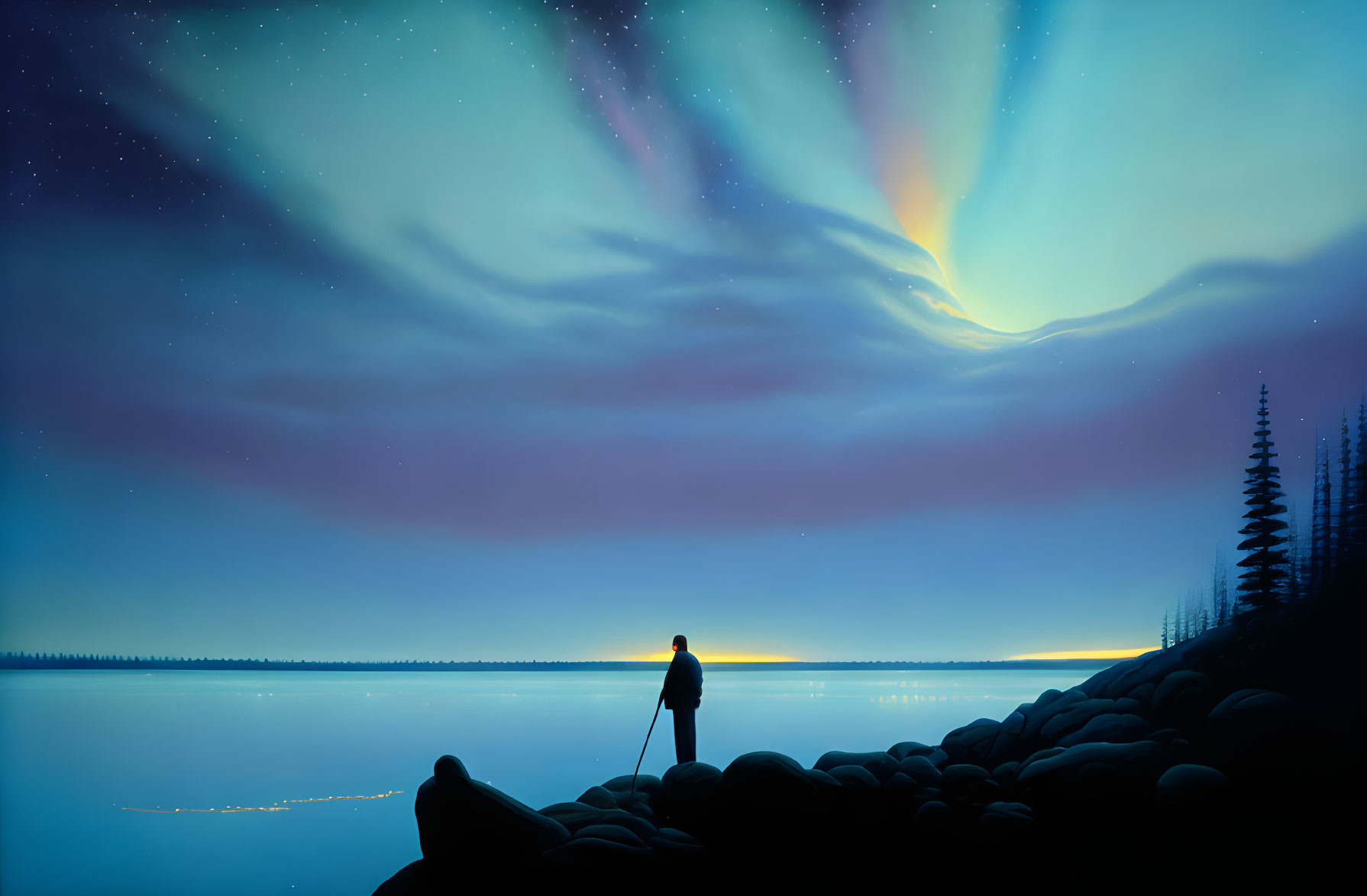 Silhouette of person under aurora borealis by lakeshore