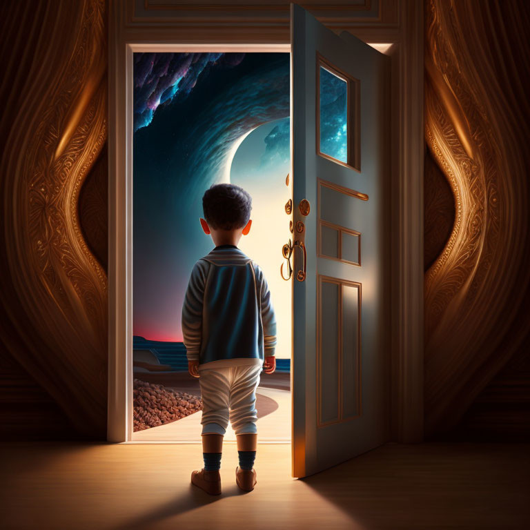 Child in doorway to surreal desert and space scene