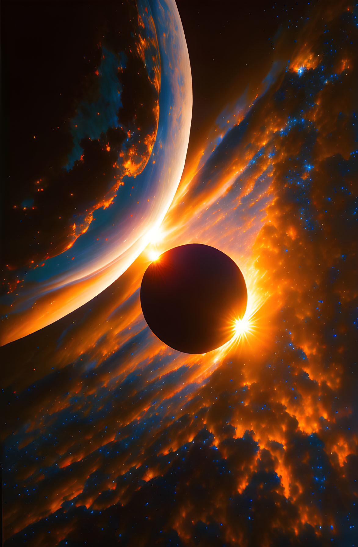 Digital artwork featuring eclipse with large planet, star silhouette, and starry space