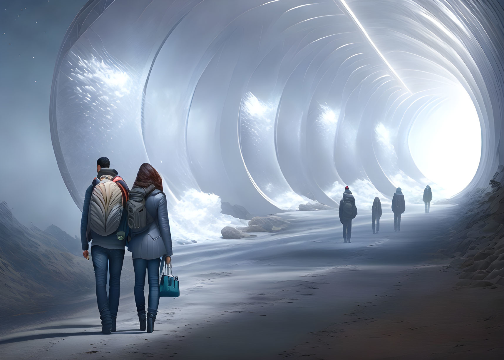 Futuristic tunnel with transparent ceiling and swirling clouds.