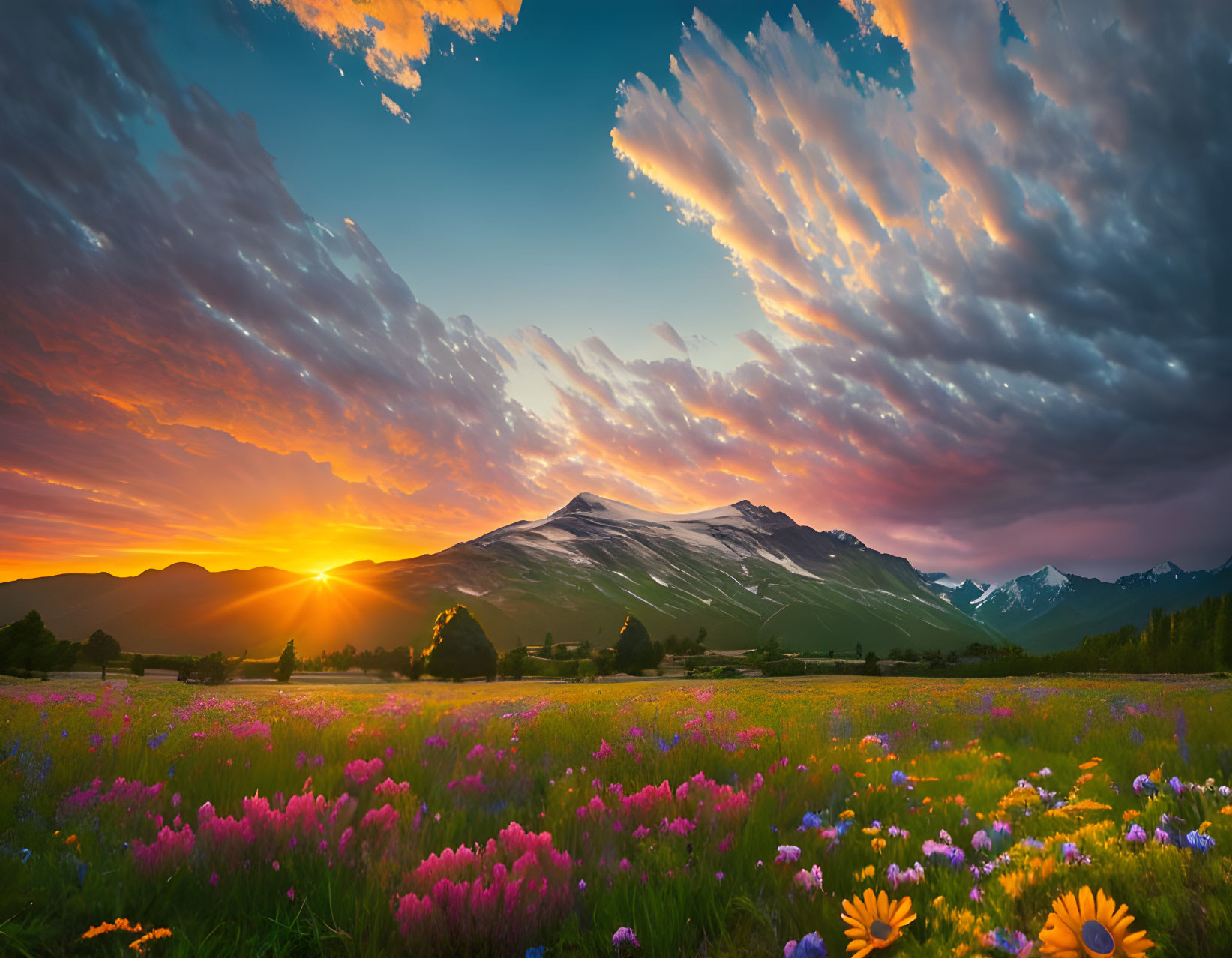 Vibrant flower field at sunset with mountain backdrop & dramatic clouds