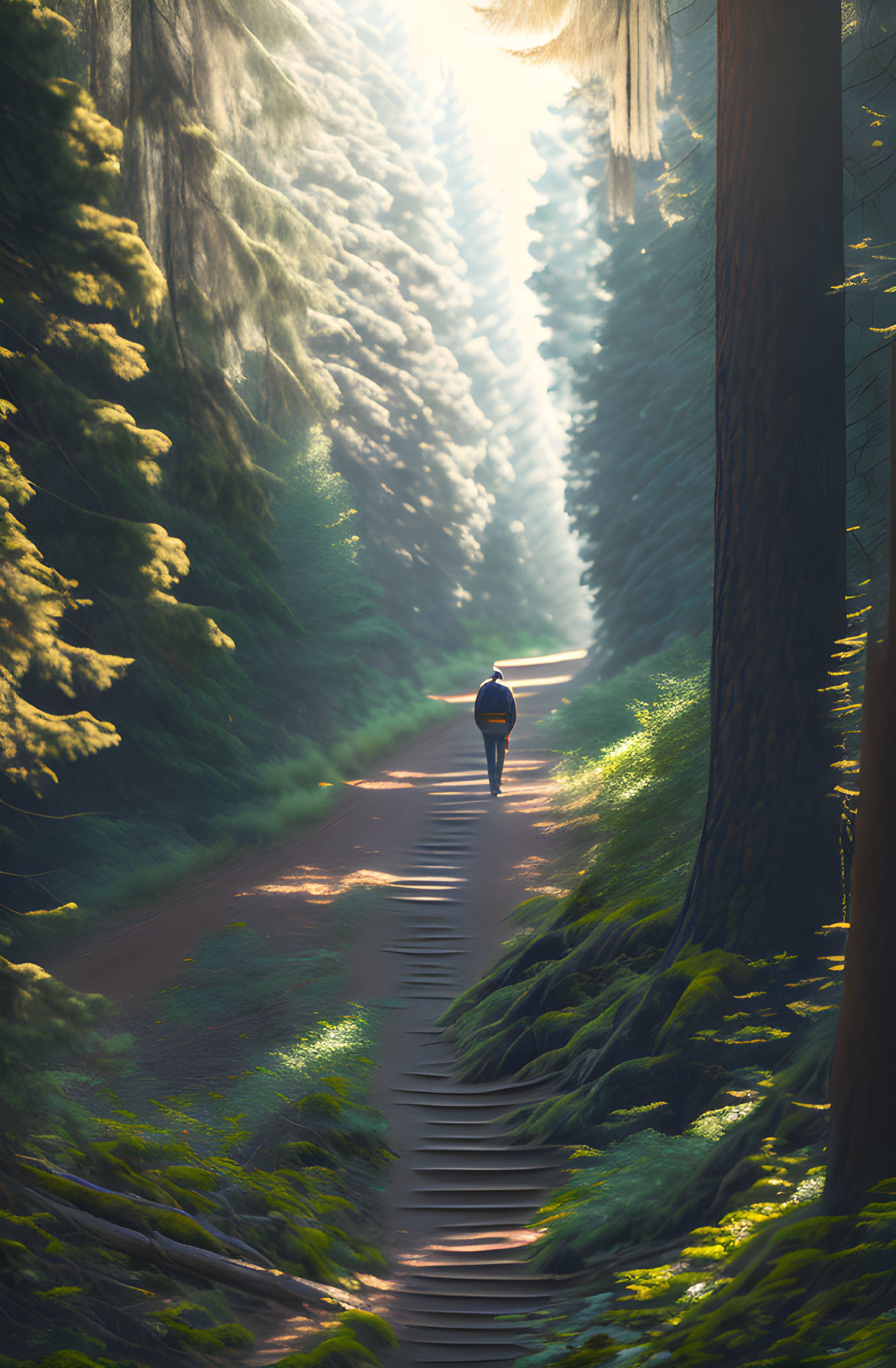 Forest path with sunlight beams: Tranquil atmosphere in nature