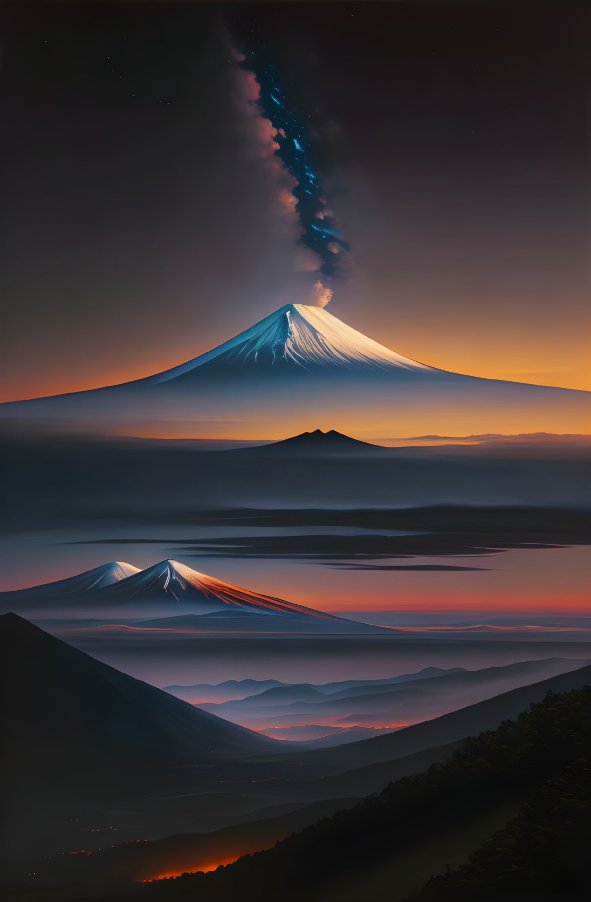 Starry sky over Mount Fuji and mist-covered mountains