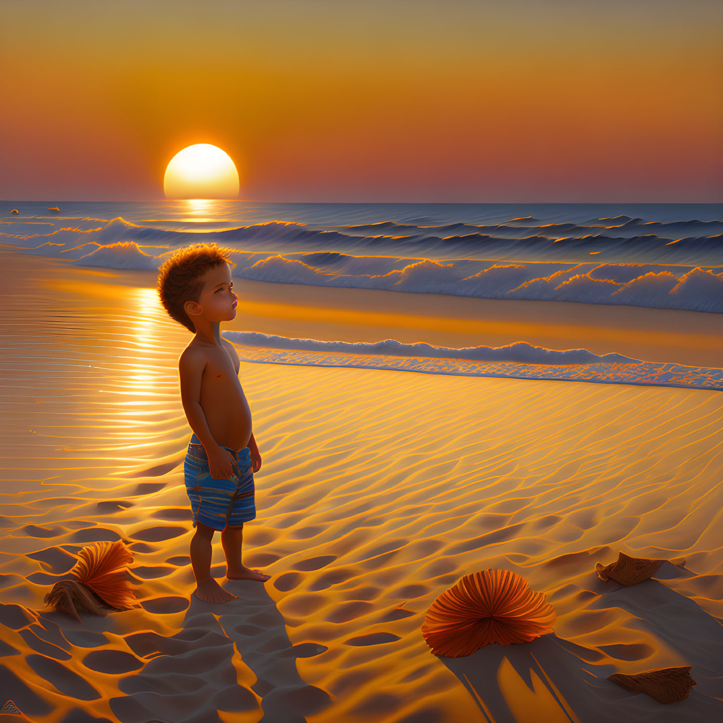 Child with tousled hair on sandy beach at sunset surrounded by sea shells