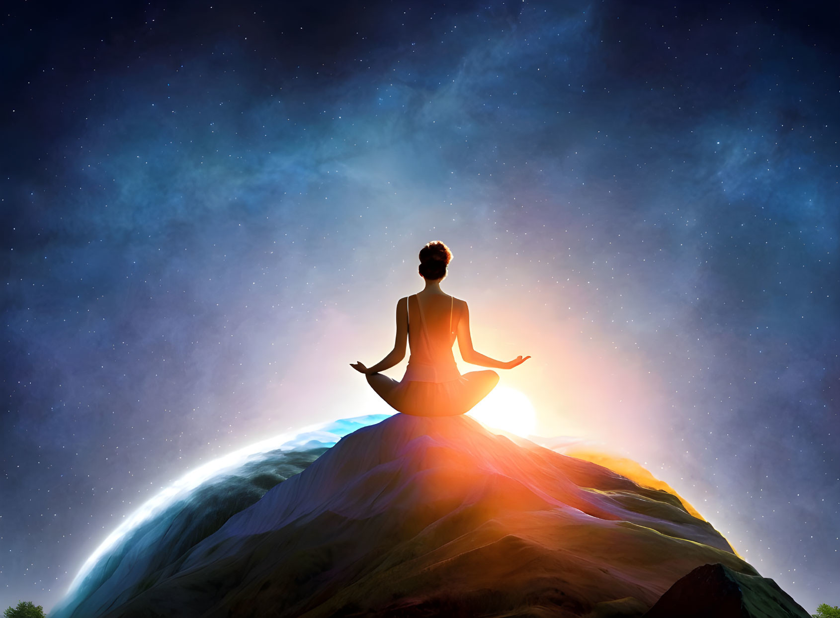 Person meditates on hill under starry sky with sunrise and Earth's curvature.