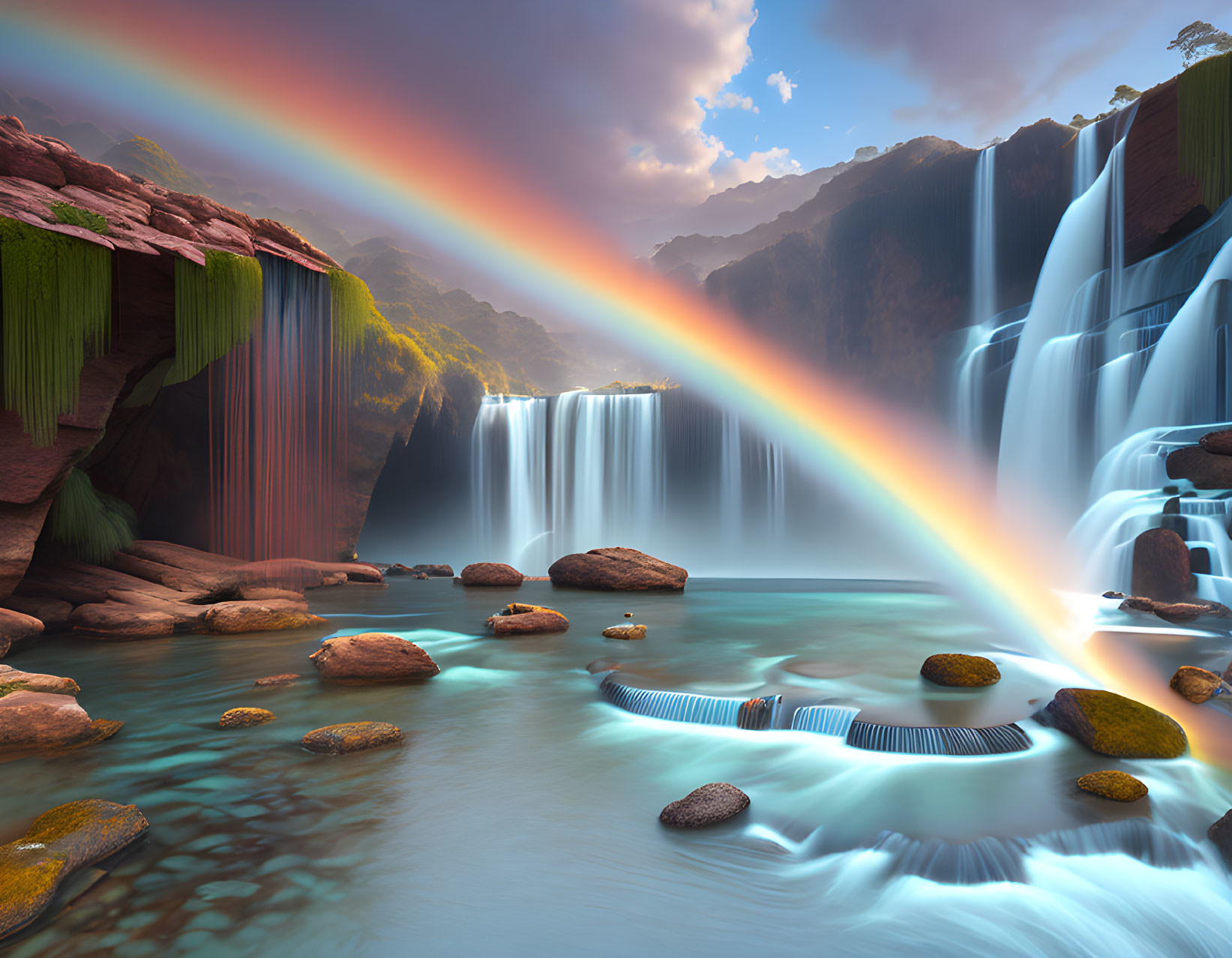 Tranquil Waterfall Oasis with Vibrant Rainbow