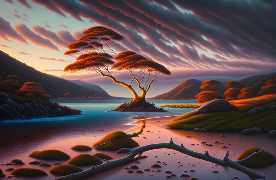 Surreal landscape with fiery sky, lone tree, vibrant foliage, rolling hills, and peaceful river