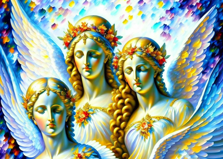 Serene angelic figures with floral crowns and colorful wings